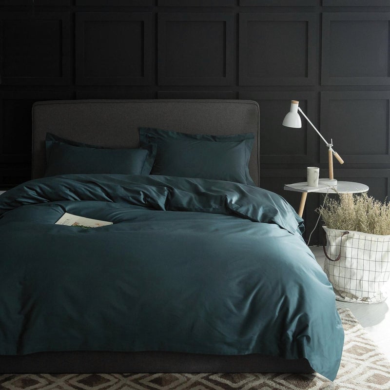 Eikei Solid Color Egyptian Cotton Duvet Cover Luxury Bedding Set High Thread Count Long Staple Sateen Weave Silky Soft Breathable Pima Quality Bed Linen (Pine Green, Queen) - Image 1